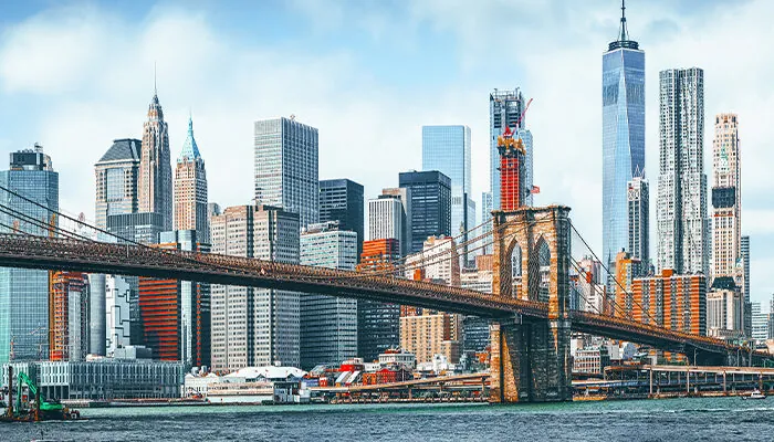 Suspension Brooklyn Bridge across Lower Manhattan and Brooklyn. New York, USA.