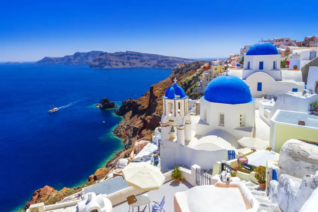 White and blue houses on the coastline of the Greek island of Santorini