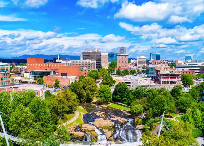 Falls Park and Liberty Bridge Panorama in Greenville, South Caro