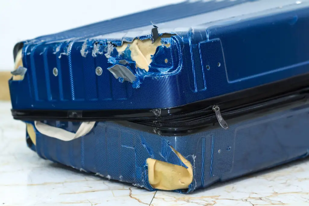 Damaged suitcase on marble floor