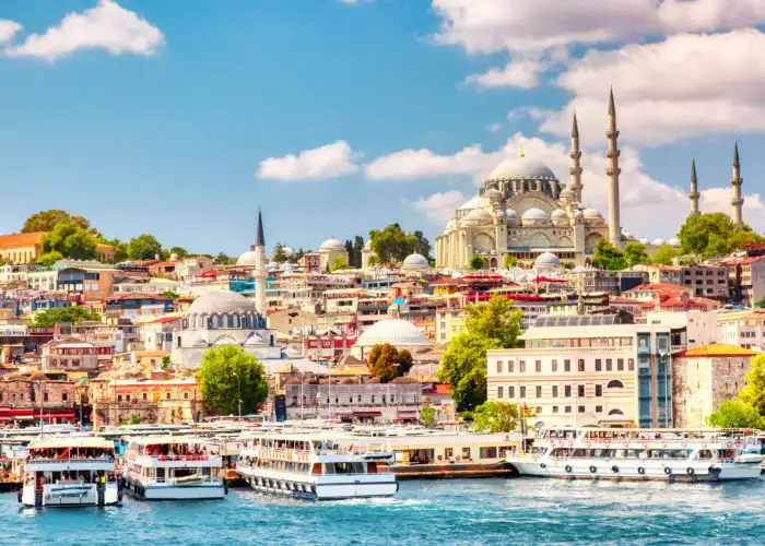 Sightseeing ships in Istanbul set against the city skyline