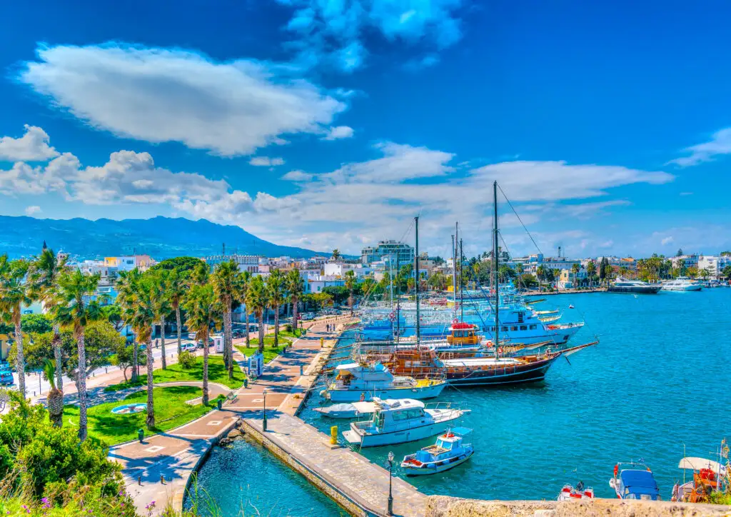 Boats in a port on the Greek island of Kos on a clear sunny day