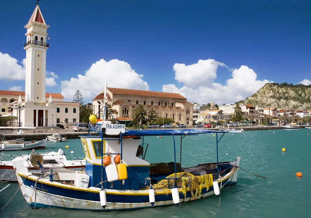 Small boat sailing into the port on the Greek island of Zakynthos