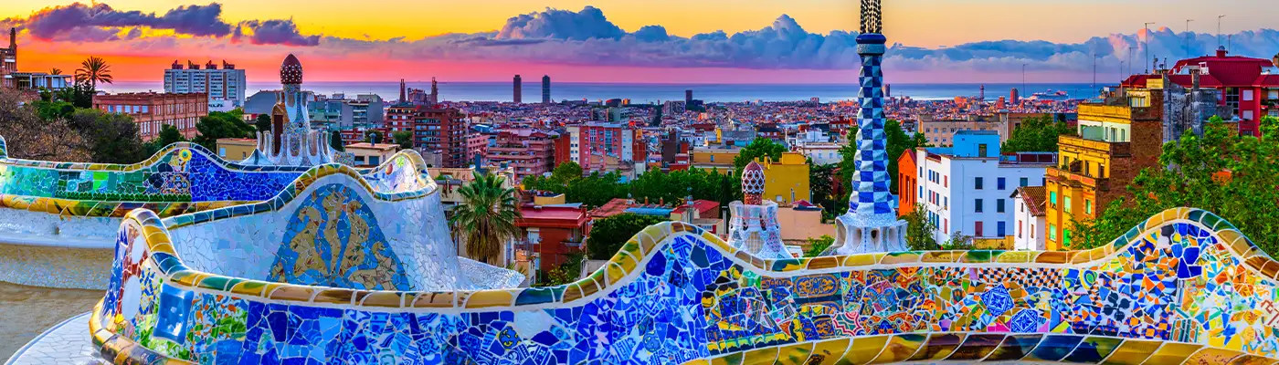 Skyline panorama of Barcelona at sunrise. Spain