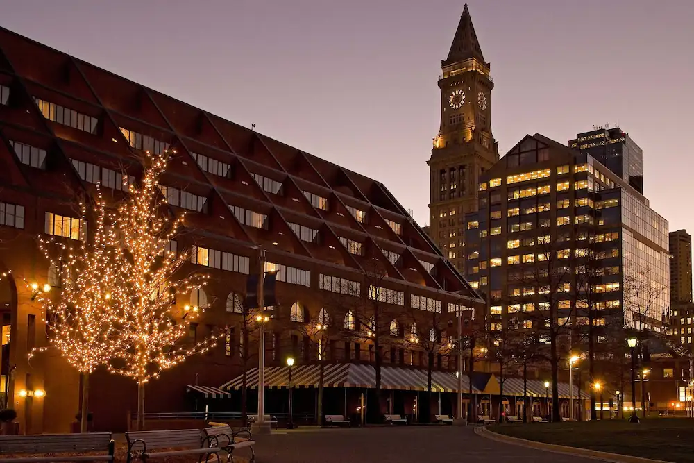 Exterior of Boston Marriott Long Wharf in Boston, Massachusetts, United States at night