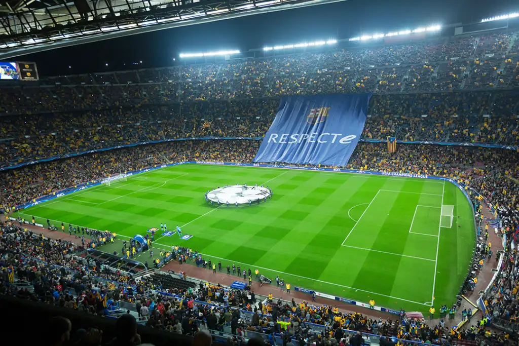 BARCELONA, SPAIN - NOVEMBER 04, 2015: Above view at field and audience during football game between FC Barcelona and FC BATE Borisov (Belarusian) on Nou Camp stadium.