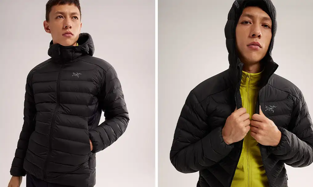 Model showing two angles of the Arc’teryx Men’s Cerium Hoody in black