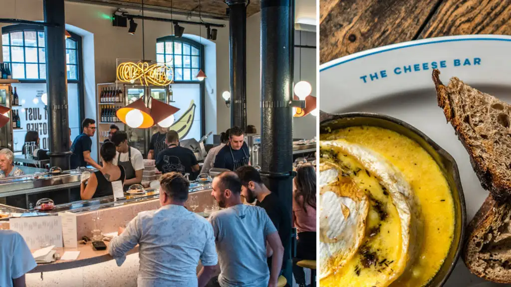 People sitting around the bar at the Cheese Bar in London, England (left) and an aerial view of a cheese and bread dish (right)