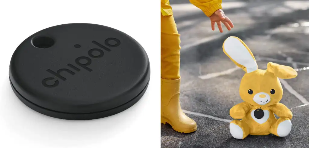 Close up of a Chipolo ONE Spot tracker (left) and a close up of a child's hand reaching for a stuffed rabbit with a Chipolo ONE Spot around its neck (right)