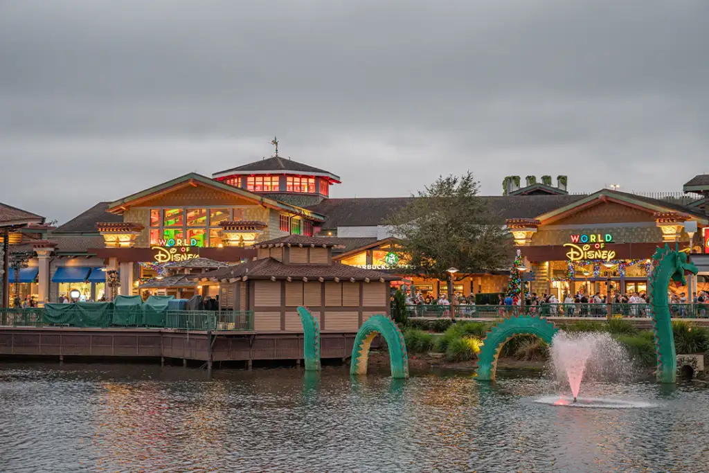 Lake Buena Vista, Florida, United States. November 14 2022. Disney Springs or Downtown Disney during Christmas season with Christmas decorations and people walking around.