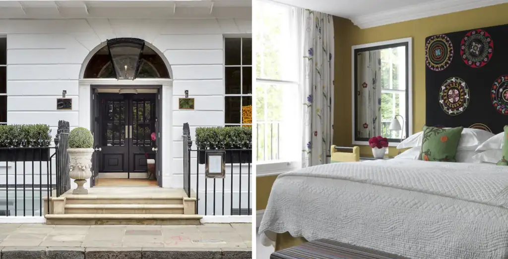 Left: Dorset Square Hotel Exterior; Right: Dorset Square Hotel Bedroom