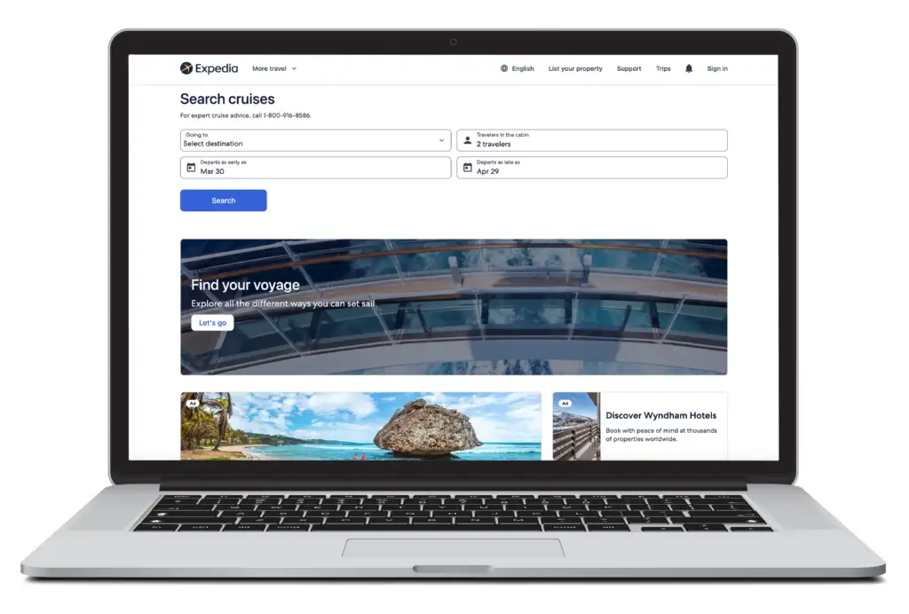Laptop showing the cruise search homepage of Expedia