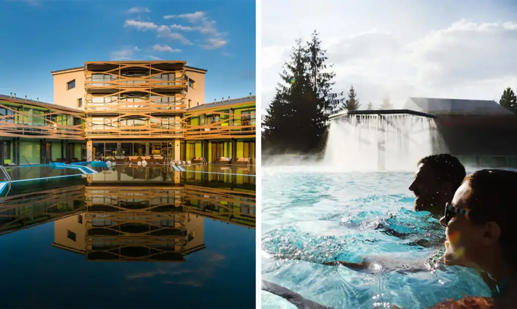 Exterior of Galeria Thermal Bešeňová in Bešeňová, Slovakia (left) and guests enjoying the mineral hot springs (right)