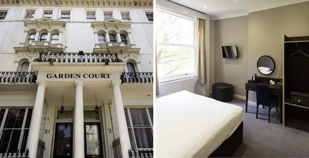 Left: Garden Court Hotel Exterior; Right: Garden Court Hotel Bedroom