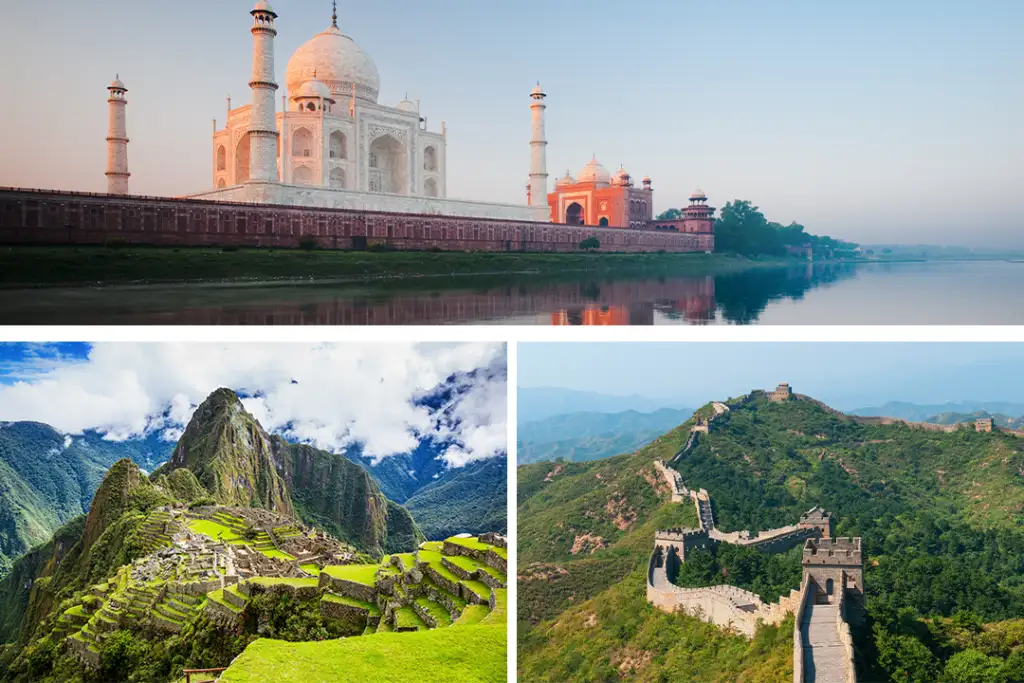 Bottom right - Jinshanling Great Wall near Beijing, China ; bottom left - Machu Picchu, Peru ; top - Sunrise at Taj Mahal on Jamuna river