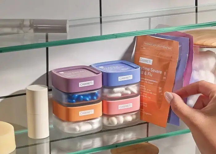 Bathroom shelf stocked with Cabinet branded OTC medications