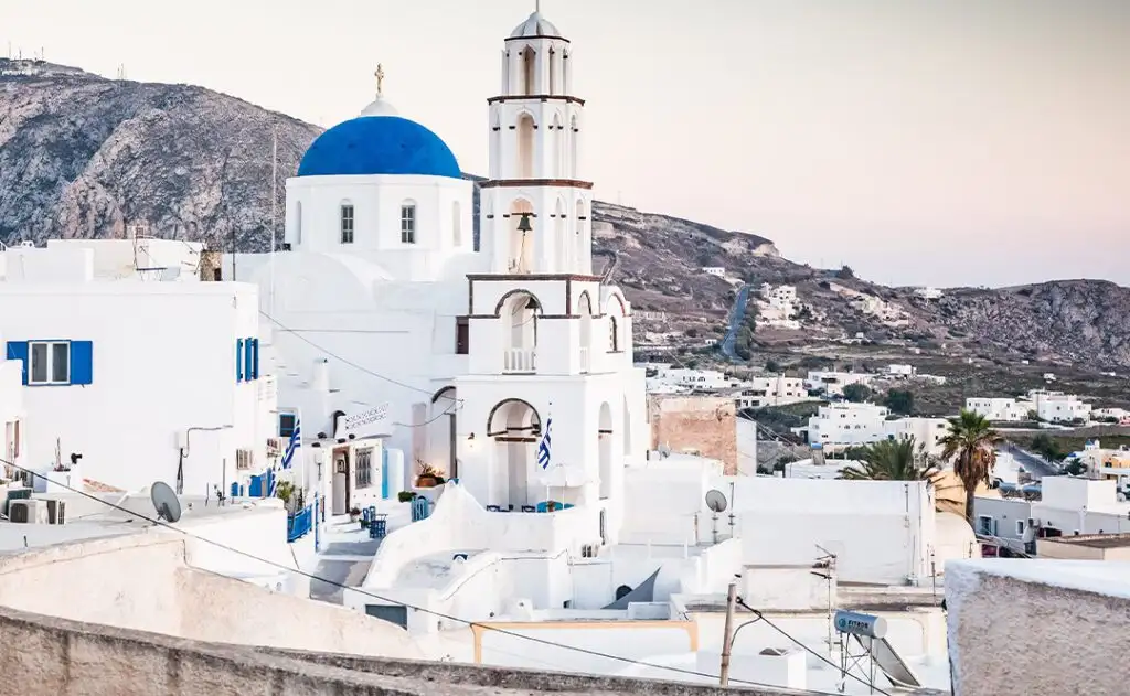 traditional white houses in Pyrgos village, the hidden gem of Santorini, Cyclades islands Greece - amazing travel destination