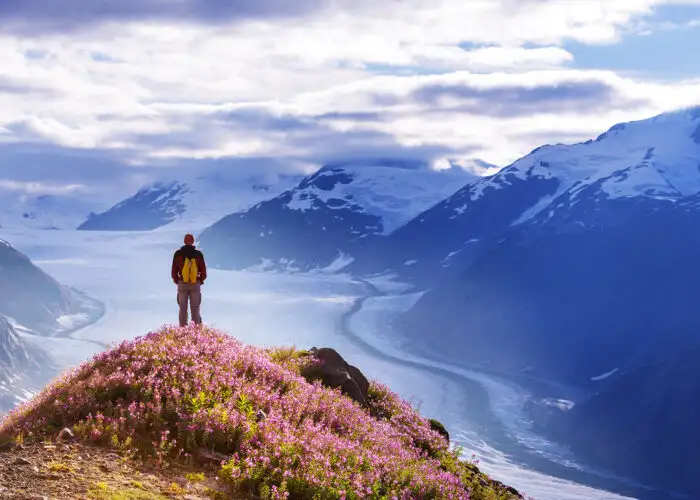 hiker in alaska mountains.