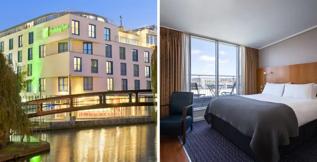 Left: Holiday Inn Camden Lock Exterior; Right: Holiday Inn Camden Lock Bedroom