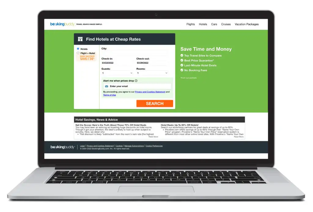 Open laptop showing home screen of BookingBuddy, a site where you can make hotel reservations
