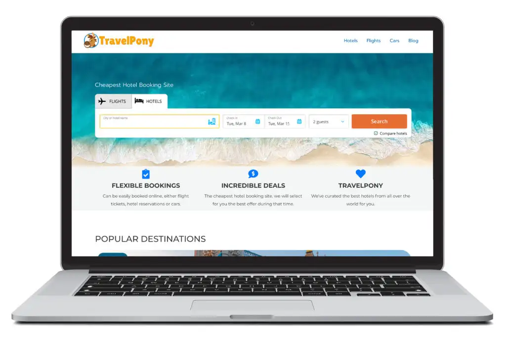 Open laptop showing home screen of TravelPony, once only a social media deals site but now offering site bookings