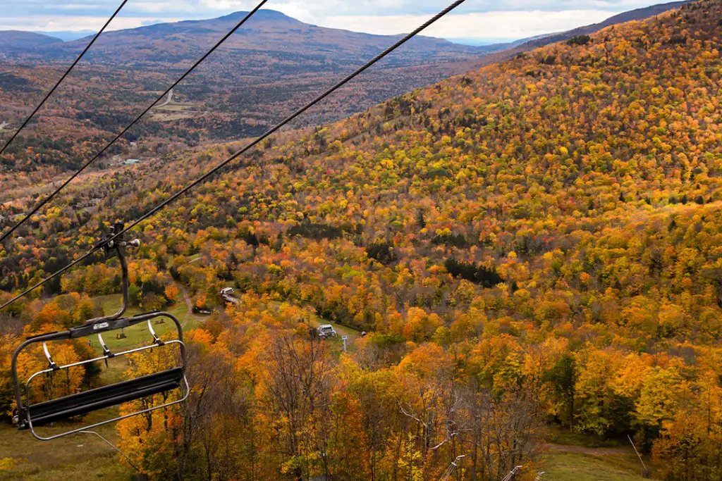 Golden fall season at the Hunter Mountain, NY, USA. Scenic skyride.