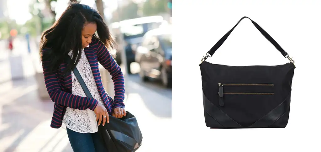 Woman carrying the Hanover Bag from Jo Totes next to a close up of the bag