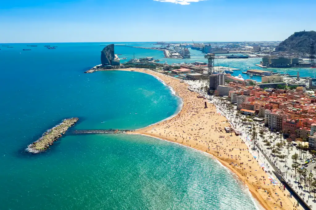 Barcelona central beach aerial view Sant Miquel Sebastian plage La Barceloneta district and port catalonia