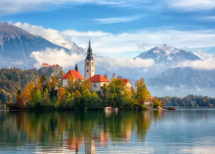 lake bled church slovenia.