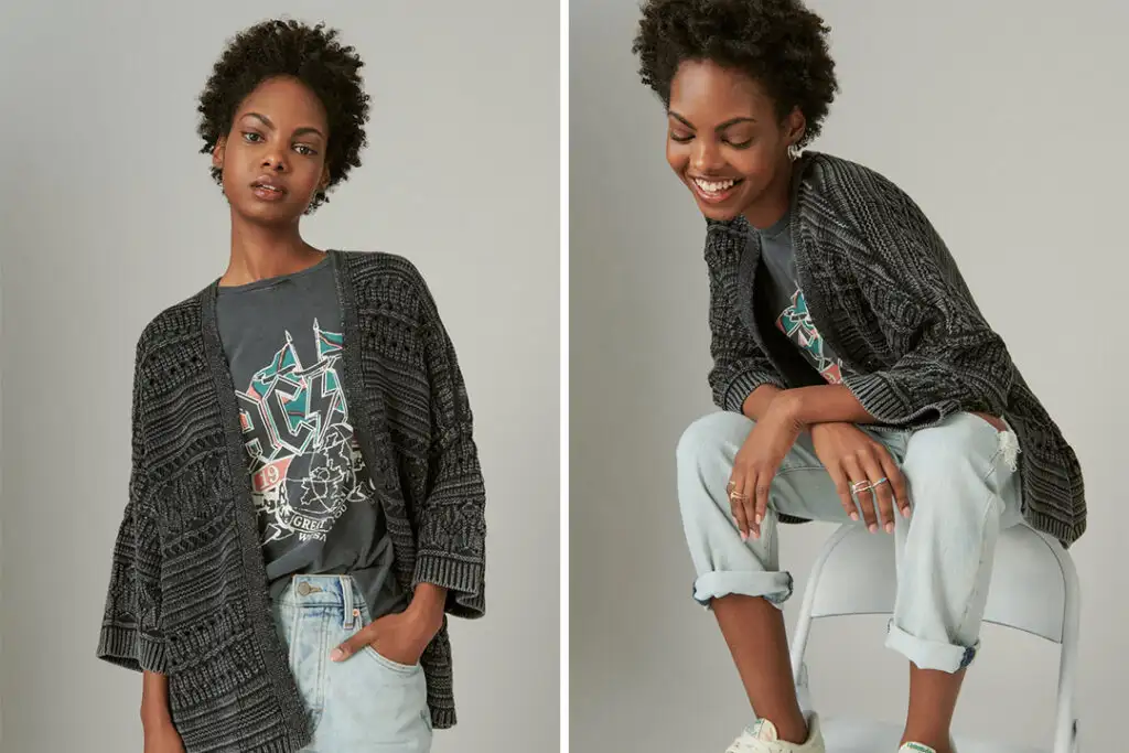 Model wearing the Lucky Brand Crochet Cardigan