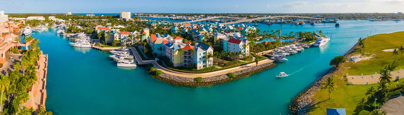 Harborside Villas aerial view and Paradise Island Bridge at Nassau Harbour, from Paradise Island, Bahamas.