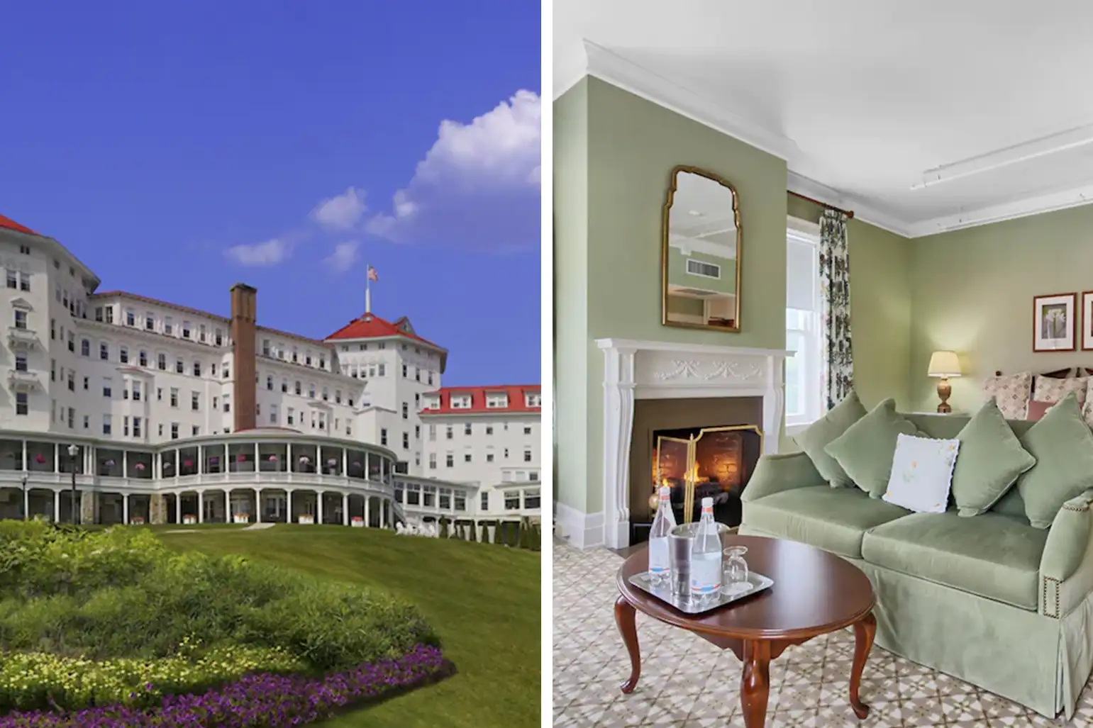 Mount Washington Hotel exterior on left. Mount Washington Hotel room on the right.