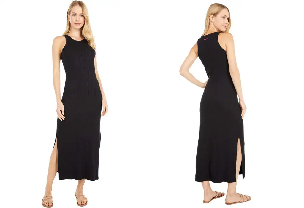 Model showing two angles of the Hard Tail Easy Paloma Dress in black