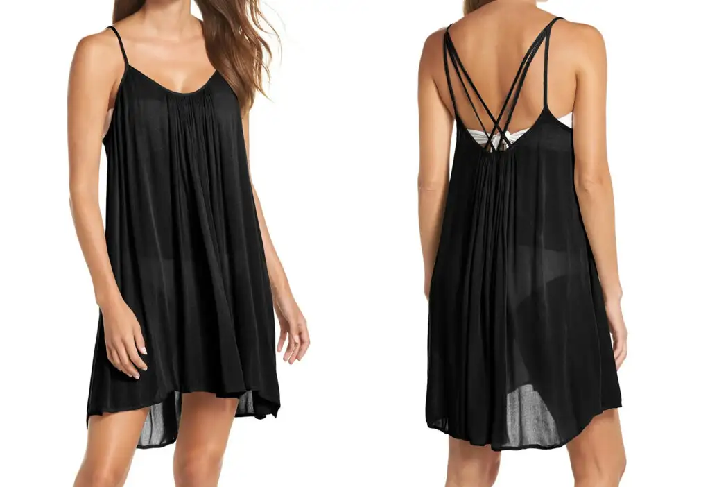 Model showing two angles of the Elan Cover-Up Slipdress in black