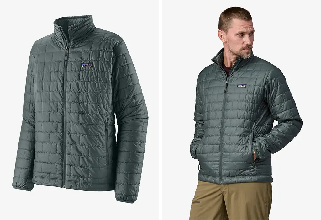 Patagonia Nano Puff Jacket in grey (left) and model wearing the Patagonia Nano Puff Jacket (right)