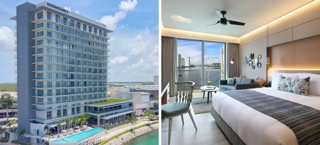 The front of the Renaissance Cancun Resort & Marina building (left) and interior of a room at Renaissance Cancun Resort & Marina (right)