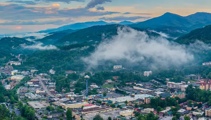 Gatlinburg, Tennessee, USA Downtown Skyline Aerial Panorama