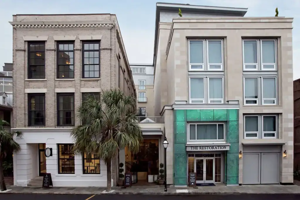 The front entrance to The Restoration hotel in Charleston, SC