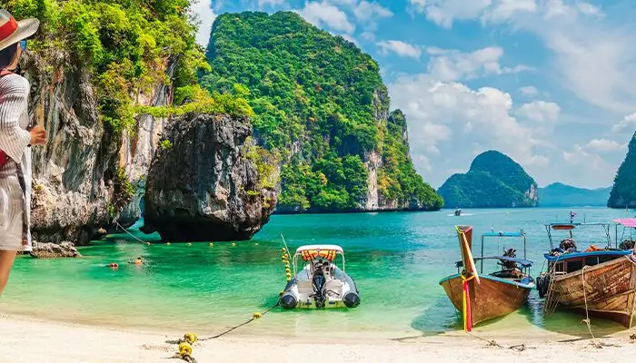 Traveler woman on vacation beach joy nature panorama view scenic landscape island Krabi, Attraction famous popular place tourist travel Phuket Thailand summer holiday trips, Beautiful destination Asia