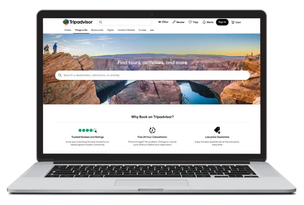 Laptop showing the homescreen of Tripadvisor Experiences, a ticket and excursion booking website