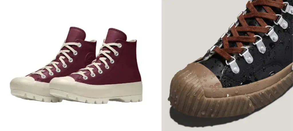 Digital rendering of the Converse Custom Chuck Taylor All Star Lugged Platform Leather By You (left) and a close up of an example of the same set of shoes with droplets of water on the toe (right)