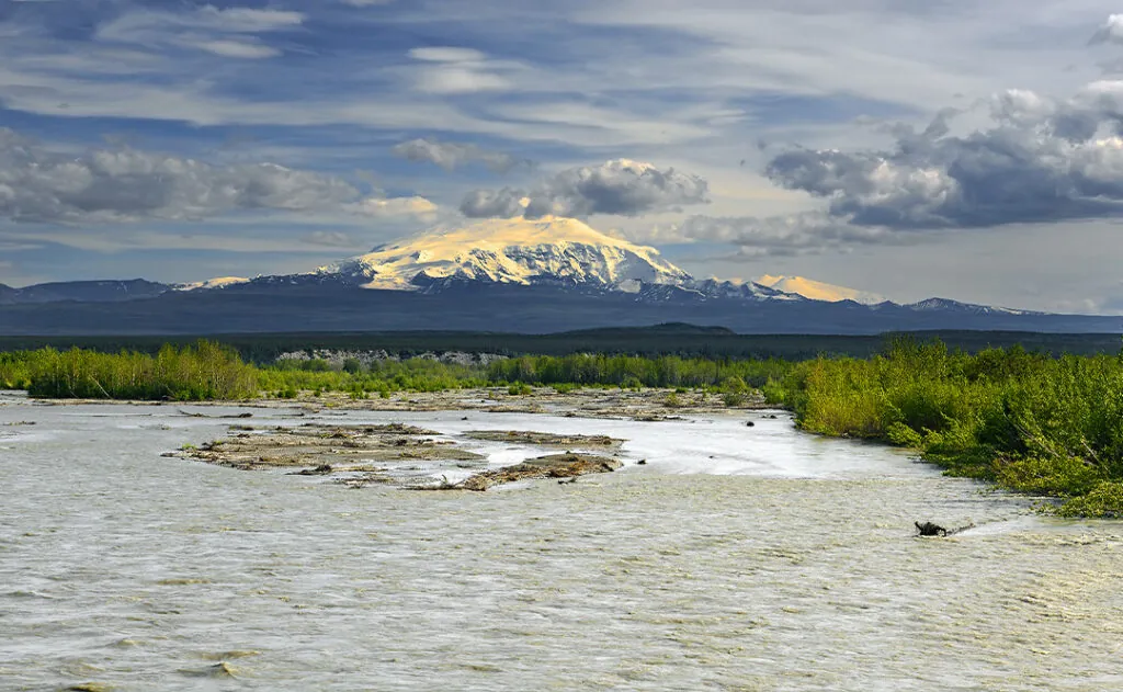 Mount Sandorf and Chistochina River, Wrangell Mountain Range, Wrangell - St. Elias National Park and Preserve, Alaska, USA, UNESCO World Heritage Site