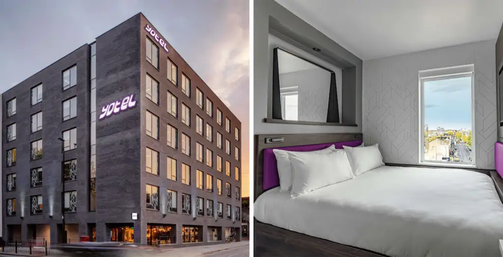 Left: YOTEL London Shoreditch Exterior; Right: YOTEL London Shoreditch Bedroom